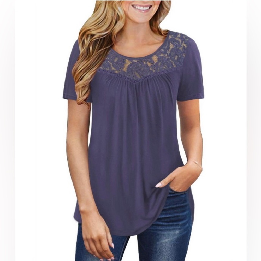 Blue/Grey Short Sleeve, Round Neckline w/ Lace trim, Lightly Pleated both sides